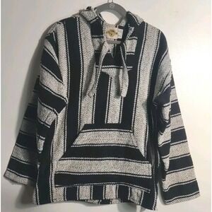 Earth Ragz Men Black White Stripe Baja Front Pouch Pocket Casual Shirt Size L